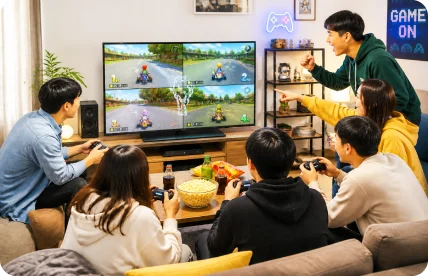 一群朋友在客廳玩電視遊戲